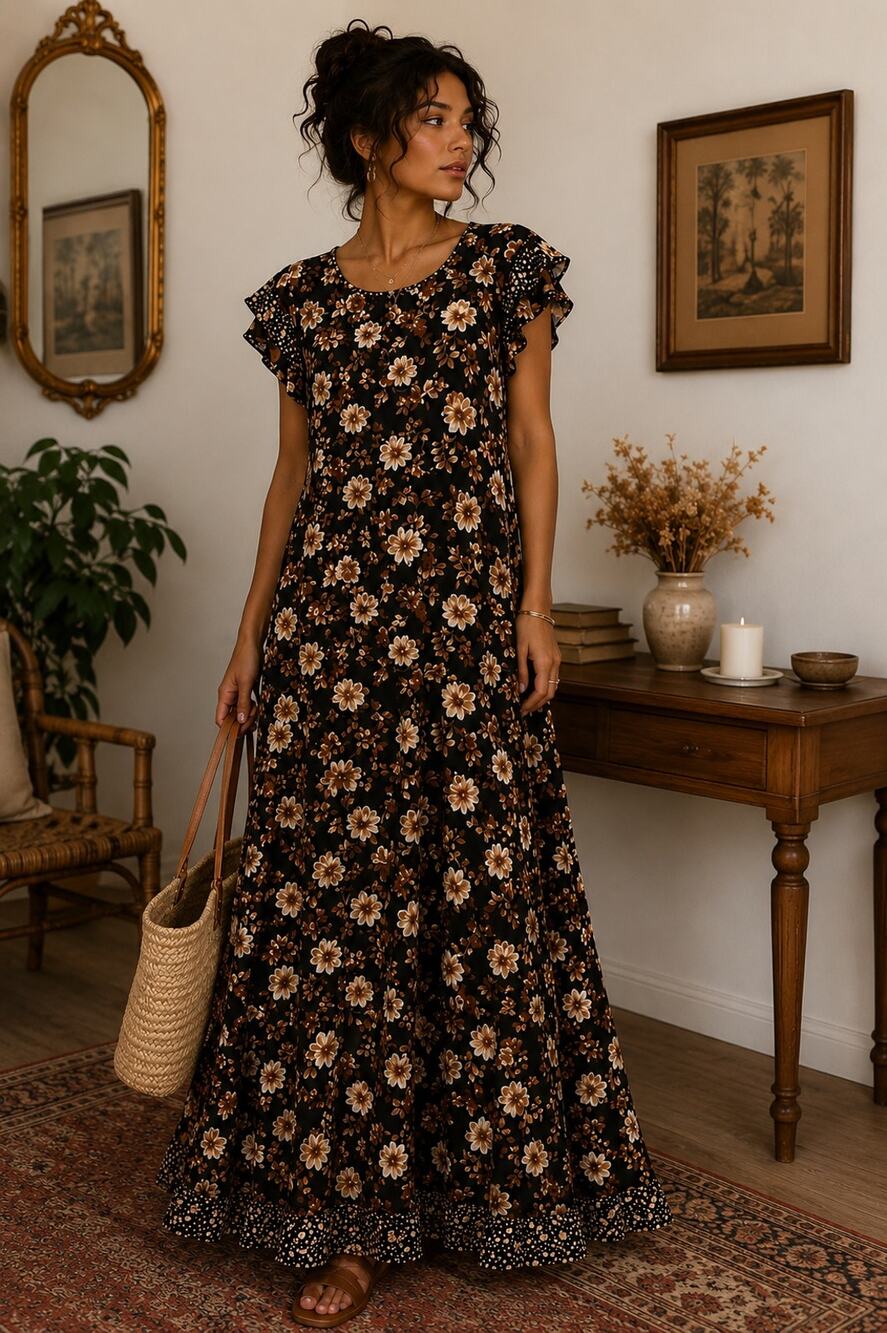 Dark Cottagecore Flutter Sleeve Maxi Dress Large Prairie Rustic Romance Boho